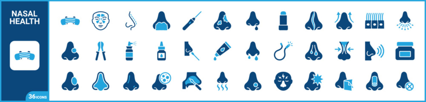 Rhinology and nasal health care vector icon set for medical and sinus treatment