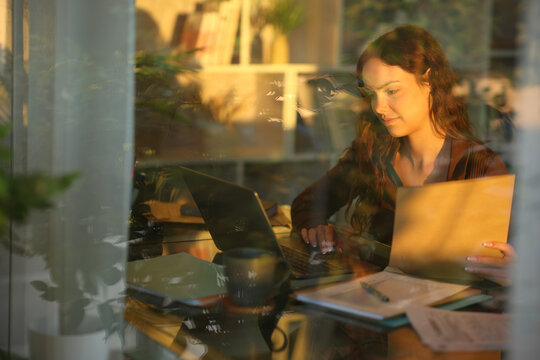Concentrated telecommuter working at home at sunset