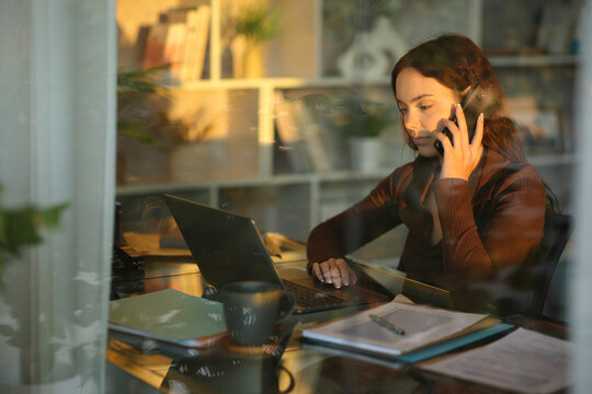 Telecommuter talking on phone using laptop working at home