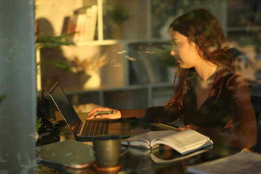 Telecommuter is working online at home viewed through a window