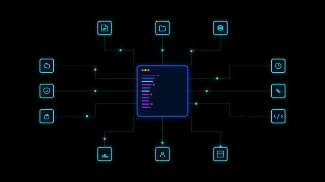 Digital network diagram with central data hub and connected icons on black background