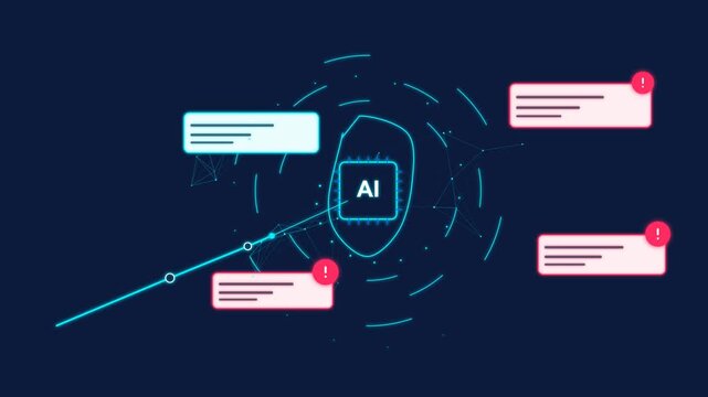 Artificial intelligence ai microchip processor processing data with interactive notification popups and cyber security threat warning alerts in digital network animation background