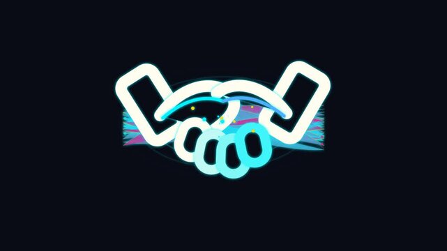 Glowing neon handshake animation signifying partnership, business agreement, and successful collaboration on dark background