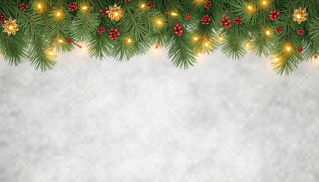 Christmas pine garland with glowing lights and berries on snowy background