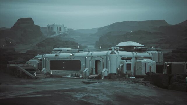 research station on rocky plain with modular architecture and solar arrays, equipment carts and storage crates outside entrance, flat light and distant cliffs