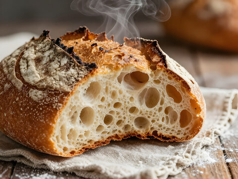 Artisan Sourdough Bread: A rustic, crusty loaf of sourdough bread, perfectly baked with a golden-brown exterior and airy interior, steams invitingly on a wooden table.