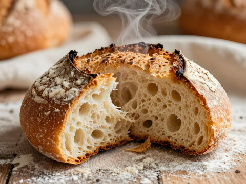 Artisan Sourdough Bread: A freshly baked artisan sourdough loaf, split in half to reveal its airy crumb and caramelized crust, emits a wisp of steam, promising deliciousness.