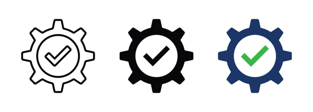 Gear icon with tick mark. Cog with checkmark representing success, approval, optimization, setting symbol