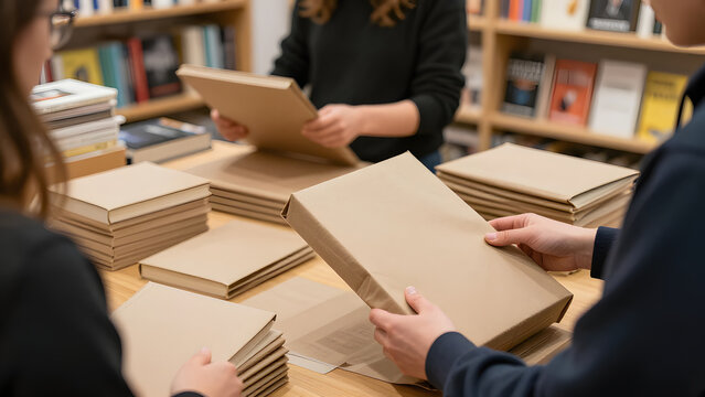 Packaging books with care: People carefully wrapping books in brown paper for shipping or storage, with shelves of books in the background, showcasing organization and preparation for distribution.