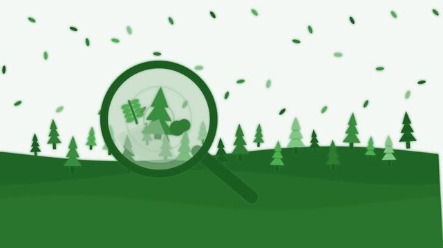 Animated green forest landscape with magnifying glass scanning trees and falling leaves for environmental search concept and ecological data analysis motion background