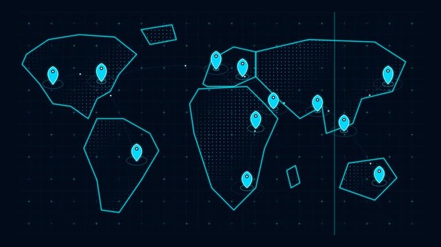 Futuristic digital map with glowing location pins and data grid animation for global business and technology presentations