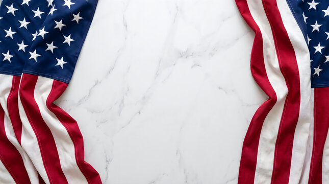 American flag framing a white marble background with central copy space