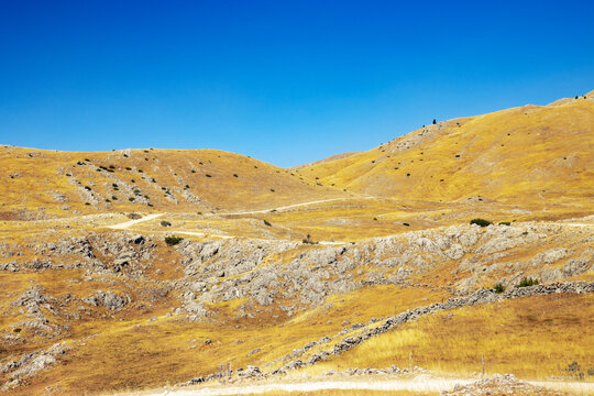 Vast Golden Mountain Plateau and Rural Road on Mountain Bjelasnica, Bosnia and Herzegovina