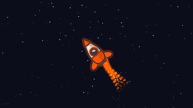 Animated cartoon rocket ship flying through outer space with glowing fire exhaust and twinkle stars background, for science fiction, and childhood exploration concepts