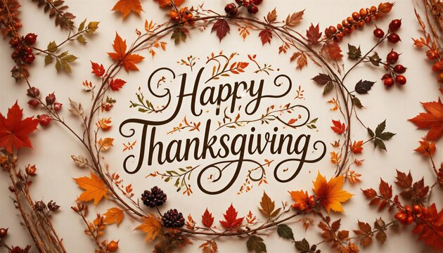 Happy Thanksgiving greeting card with autumn leaves and berries frame