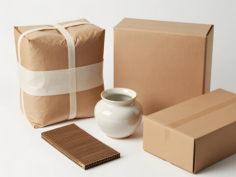 Moving Day Essentials: A collection of neatly packed boxes, bubble wrap, and a delicate vase, ready for a seamless relocation, symbolizing organization and careful transport.