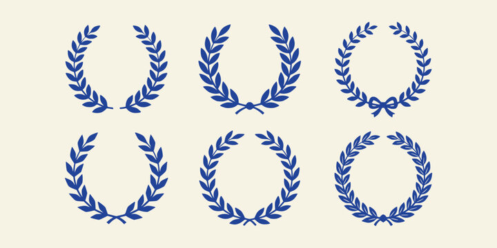 Set of six blue laurel wreaths isolated on a cream background