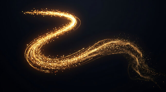Golden light trail with glowing particles isolated on black background