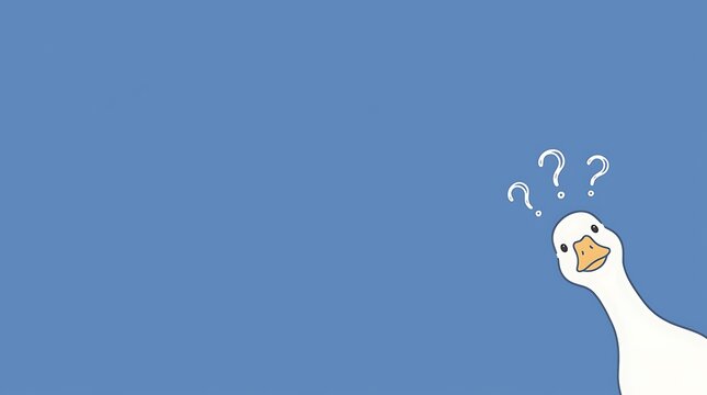 Cute goose peeking with question marks on a solid blue background