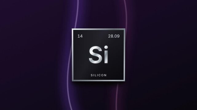 Silicon element periodic table silver plaque on a purple background