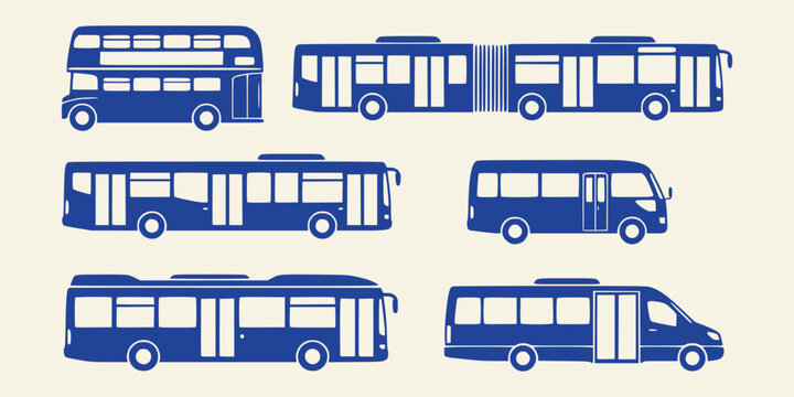 Set of blue public transport bus icons isolated on cream background