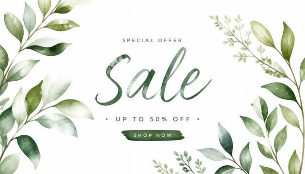 Sale banner with watercolor green leaves and elegant typography