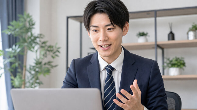 PC画面に向かってジェスチャー交えて話す男性会社員