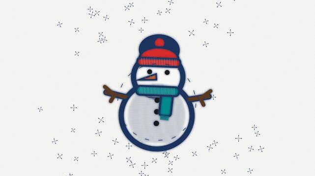 Cute animated snowman with winter hat and scarf falling snowflakes background, for christmas and, holiday projects