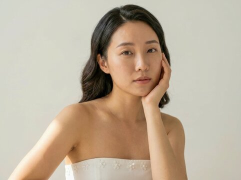 A beautiful young Asian woman with long dark hair and glowing skin rests her chin on her hand while wearing a white strapless dress against a plain white background