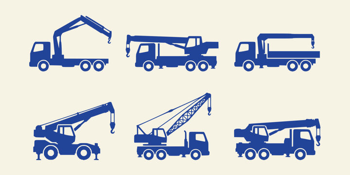 Set of blue mobile crane truck silhouettes on cream background