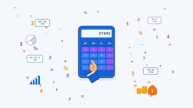 Animated calculator with hand pressing buttons surrounded by math symbols and financial for business, accounting, and education concepts
