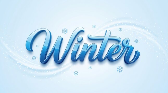 Stylized 3D text 'Winter' in a cool blue gradient with snowflakes and swirling light effects.