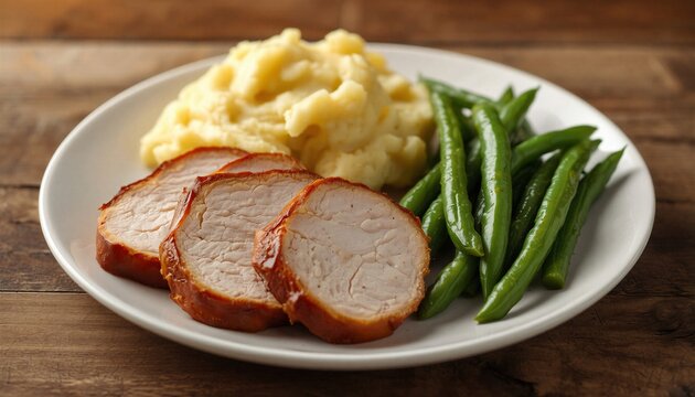 Roasted pork tenderloin with mashed potatoes and green beans on a plate