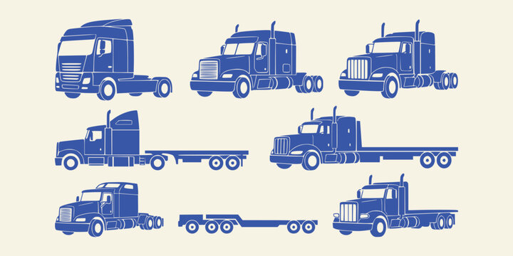 Set of various blue semi-truck icons isolated on cream background