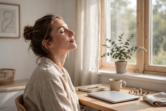 Serene woman enjoying a moment of peace and quiet by the window with natural light illuminating her face and a desk with a laptop and notebook