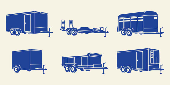 Set of blue cargo trailers isolated on a cream background
