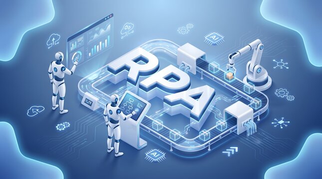 Isometric Robotic Process Automation RPA concept with robots working on production line and digital data