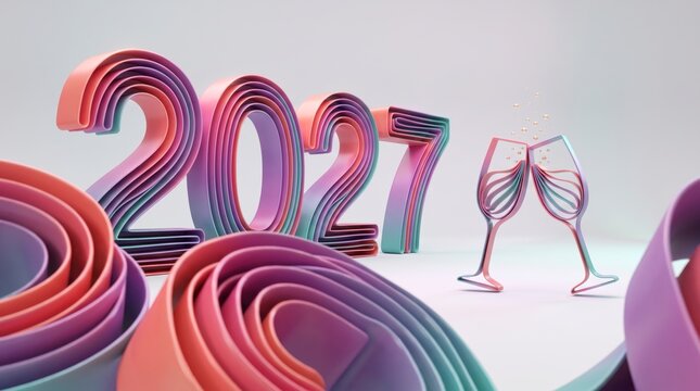 Pastel ribbon 2027 numerals stand beside a pair of toasting champagne glasses