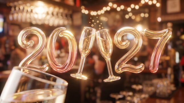 Golden glass 2027 numbers toast with sparkling champagne flutes at a bar