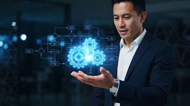  Businessman Holding Holographic Workflow Diagram with Gears