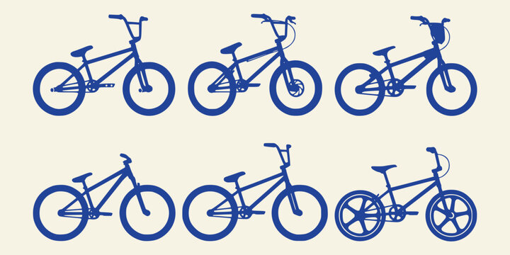 Set of blue silhouette bmx bicycles isolated on cream background