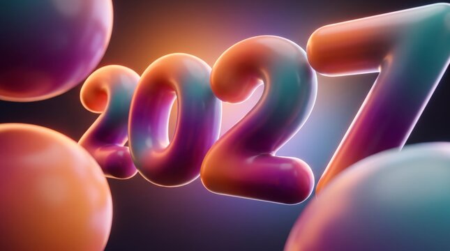 Glossy orange and purple spheres form abstract 2027 New Year numerals design