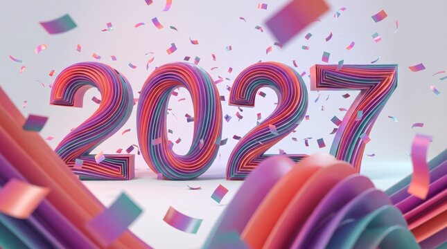 Rainbow ribbon 2027 numerals rise through falling confetti in a studio