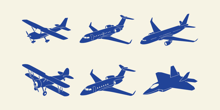 Collection of blue airplane silhouettes isolated on cream background