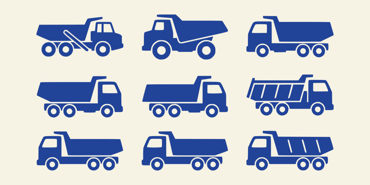 Set of blue dump truck silhouettes isolated on cream background
