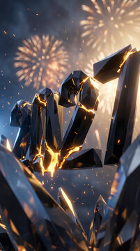 Cracked obsidian 2027 numbers glow with fire above festive night fireworks
