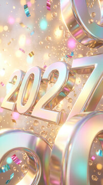 Chrome silver 2027 numbers shine amid iridescent bubbles and gold confetti