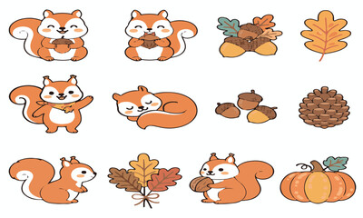 Obraz premium Cute Kawaii Squirrel Autumn Clipart Vector Set With Acorns Pinecone Pumpkin Fall Leaves Walnut And Cozy Seasonal Woodland Elements