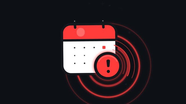 Red calendar icon with pulsing exclamation mark alert animation on dark background, for deadline and, urgent schedule notification concept