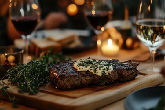 Grilled steak wooden table rustic table herb butter dinner wine glass candlelight gourmet meal meat food